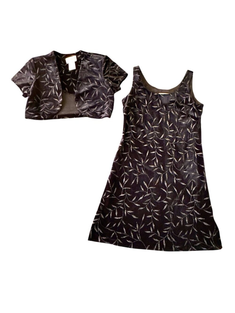 Evening Dress Women's Size 12 Petite Black Velvet Silver Leaves Sheath + Jacket - Picture 4 of 13